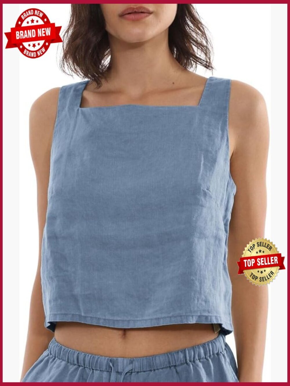 100% Linen Tank Top Square Neck Sleeveless Summer Blouse Woven Plant Dyed
